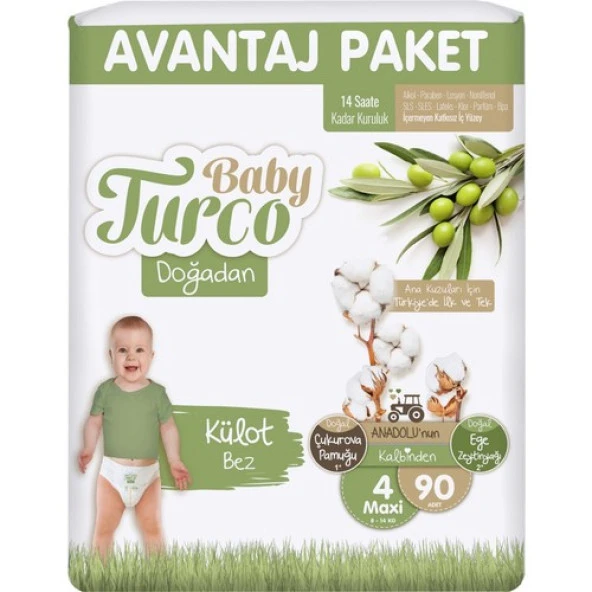 Baby Turco Külot Bebek Bezi Doğadan Beden:4 (8-14KG) Maxi 90 Adet Avantaj Paketi ürün görseli