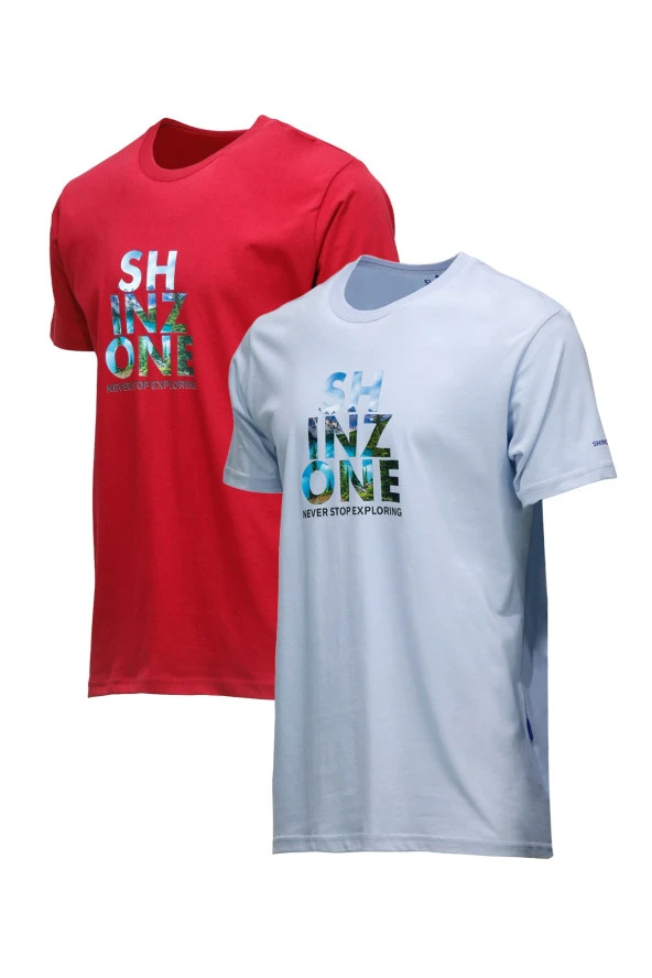 Erkek Standart Fit Göğüs Baskılı Mavi Bordo 2'li Set T-Shirt