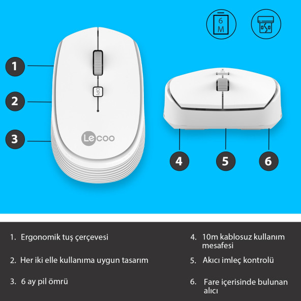 Lenovo Lecoo WS202 Kablosuz 1200DPI 4 Tuşlu Optik Mouse Beyaz - 3