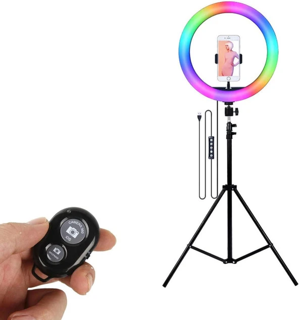 14 İnç RGB Halka Işık Ring Light + 2.1Mt Youtube Tiktok Canlı Yayın Işığı - 2