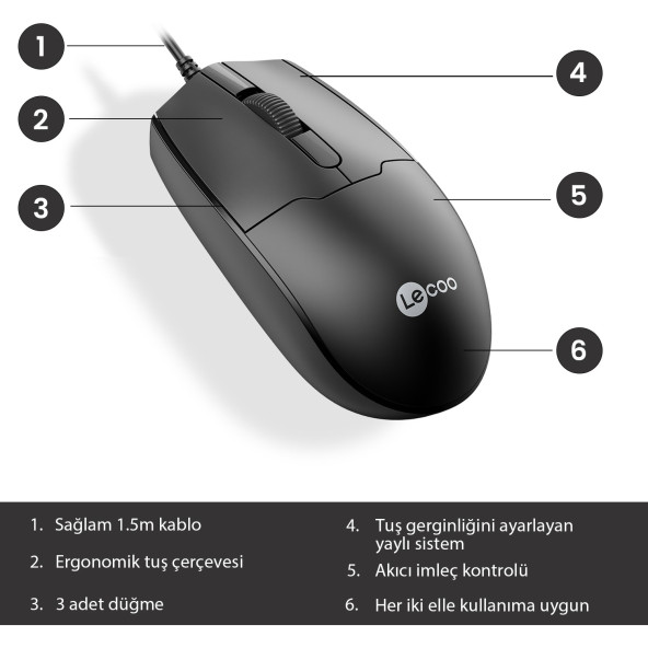 Lenovo Lecoo MS101 USB Kablolu 1200DPI 3 Tuşlu Optik Mouse Siyah - 3