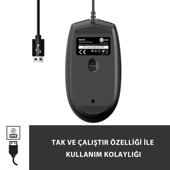 Lenovo Lecoo MS101 USB Kablolu 1200DPI 3 Tuşlu Optik Mouse Siyah - 5