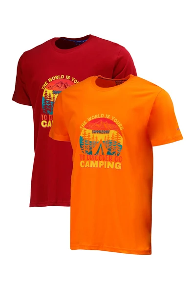 Erkek Standart Fit Discovery Göğüs Baskılı Turuncu Bordo 2'li Set T-Shirt