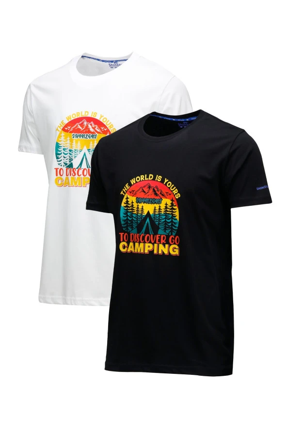Erkek Standart Fit Discovery Göğüs Baskılı Siyah Beyaz 2'li Set T-Shirt
