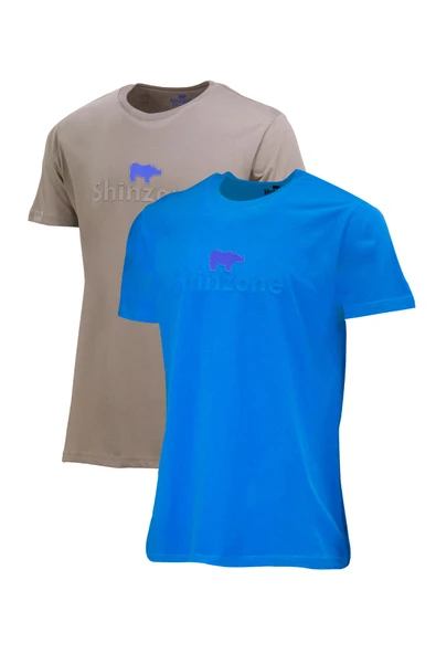 Erkek Standart Fit Kabartma Göğüs Baskılı Mavi Vizon 2'li Set T-Shirt