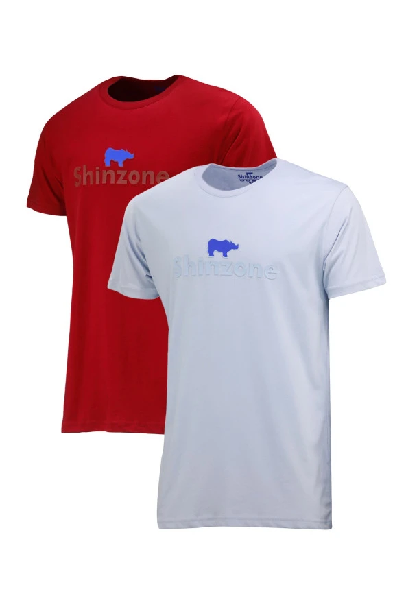 Erkek Standart Fit Kabartma Göğüs Baskılı Mavi Bordo 2'li Set T-Shirt