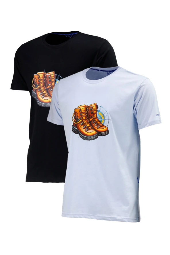 Erkek Standart Fit Bot Göğüs Baskılı Mavi Siyah 2'li Set T-Shirt