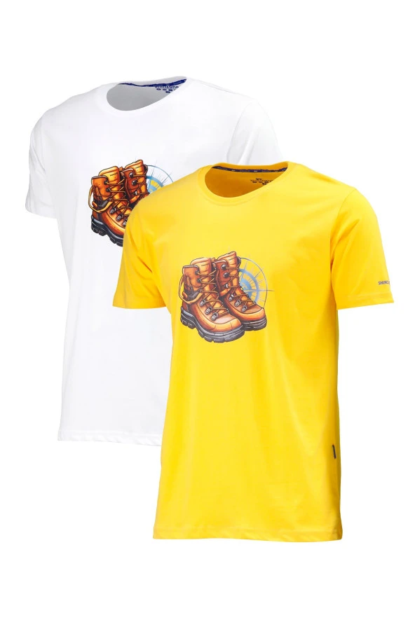 Erkek Standart Fit Bot Göğüs Baskılı Sarı Beyaz 2'li Set T-Shirt
