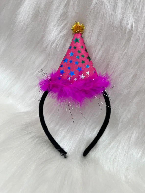 Ponponlu Yıldız Baskılı Mini Şapka Taç Fuşya 21x10 cm
