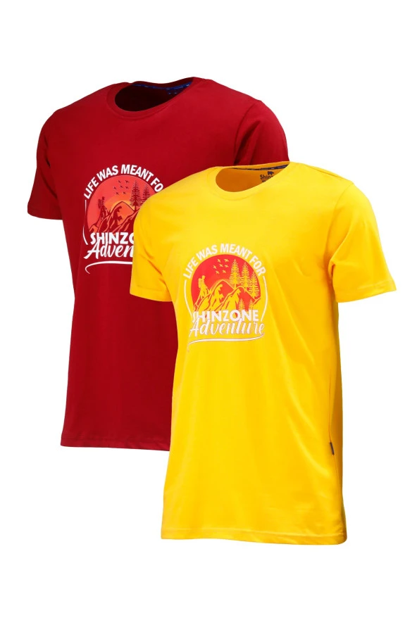 Erkek Standart Göğüs Baskılı Sarı Bordo 2'li Set T-Shirt