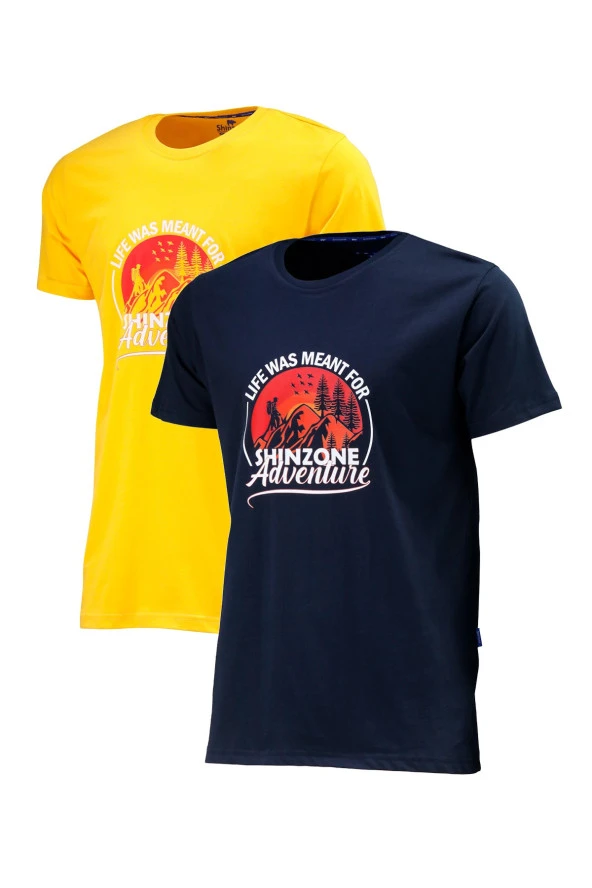 Erkek Standart Göğüs Baskılı Lacivert Sarı 2'li Set T-Shirt