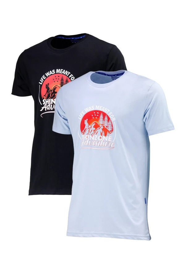Erkek Standart Göğüs Baskılı Mavi Siyah 2'li Set T-Shirt