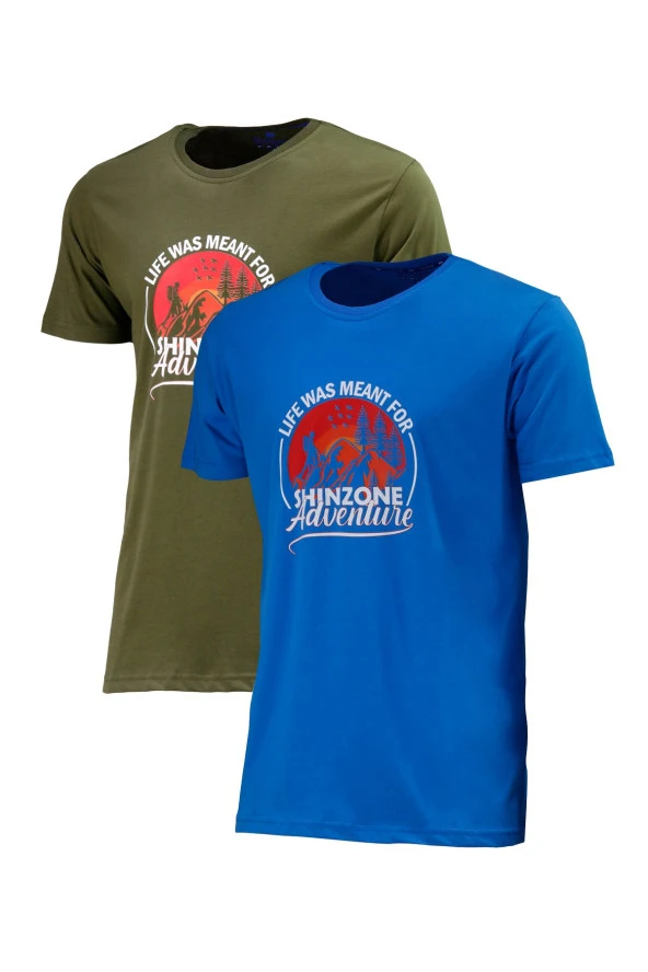 Erkek Standart Göğüs Baskılı Mavi Haki 2'li Set T-Shirt