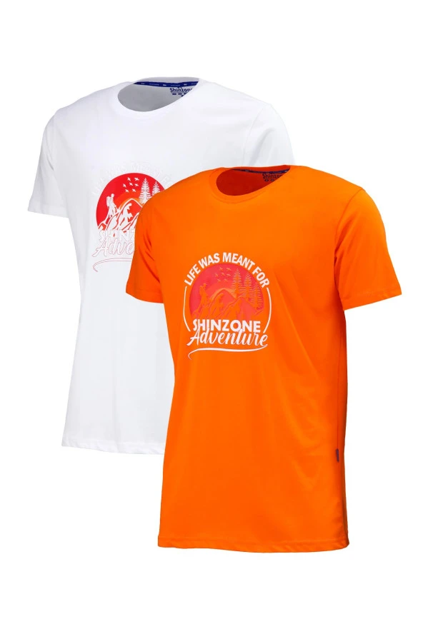 Erkek Standart Göğüs Baskılı Turuncu Beyaz 2'li Set T-Shirt