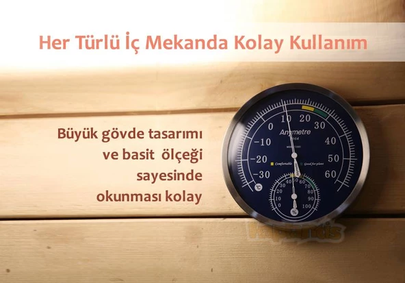 Anymetre TH603 Termometre Nem Ölçer Higrometre Paslanmaz Çelik Metal Çerçeve - 5