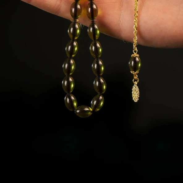 Yeşil Ateş Kehribar  925 Ayar Altın Rengi Gümüş Püsküllü Tesbih - Resim 2