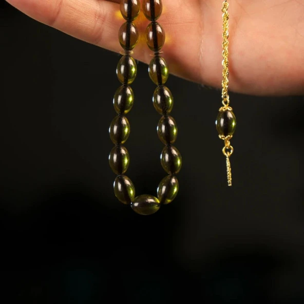 Yeşil Ateş Kehribar  925 Ayar Altın Rengi Gümüş Püsküllü Tesbih - Resim 3