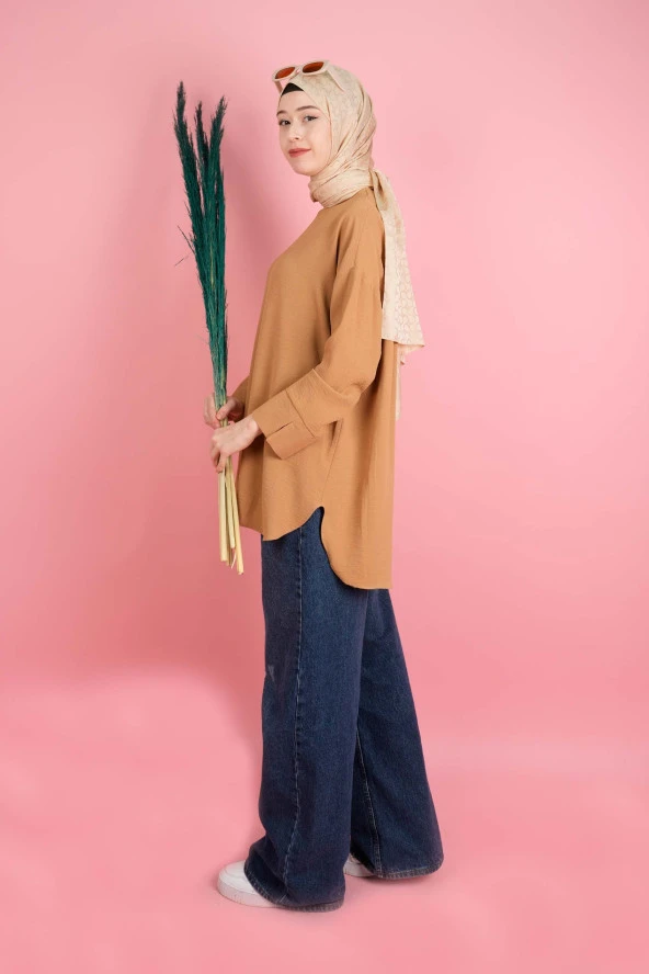 Kadın Bisiklet Yaka Tunik Basic Kol Yırtmaç Detaylı Aerobin Tunik Açık Kahverengi - 2