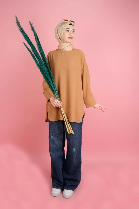 Kadın Bisiklet Yaka Tunik Basic Kol Yırtmaç Detaylı Aerobin Tunik Açık Kahverengi - 4