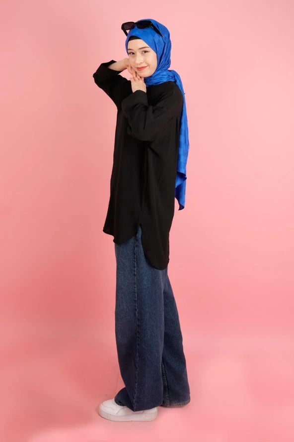 Kadın Bisiklet Yaka Tunik Basic Kol Yırtmaç Detaylı Aerobin Tunik Siyah - 2