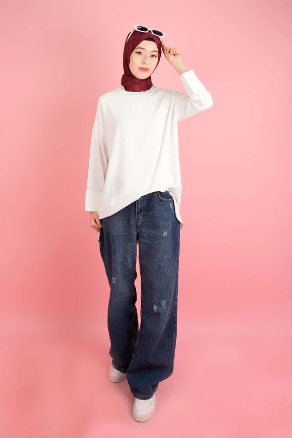 Kadın Bisiklet Yaka Tunik Basic Kol Yırtmaç Detaylı Aerobin Tunik Beyaz - 4