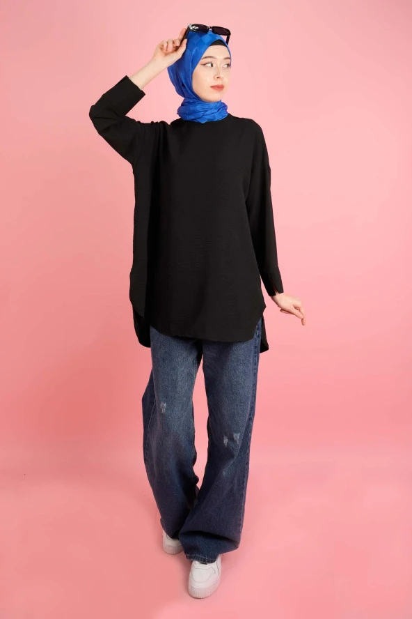 Kadın Bisiklet Yaka Tunik Basic Kol Yırtmaç Detaylı Aerobin Tunik Siyah - 4