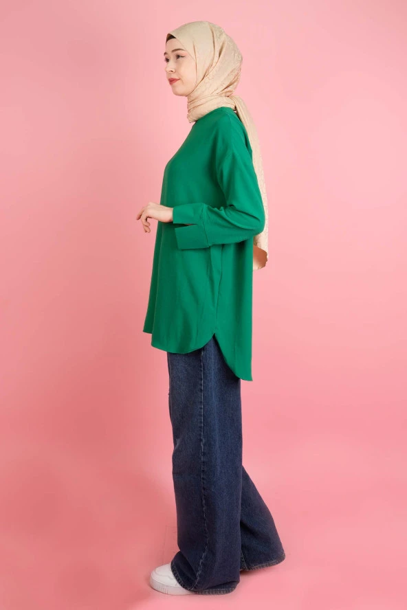 Kadın Bisiklet Yaka Tunik Basic Kol Yırtmaç Detaylı Aerobin Tunik Yeşil - 2