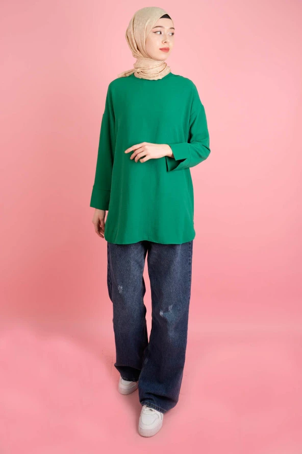 Kadın Bisiklet Yaka Tunik Basic Kol Yırtmaç Detaylı Aerobin Tunik Yeşil - 4