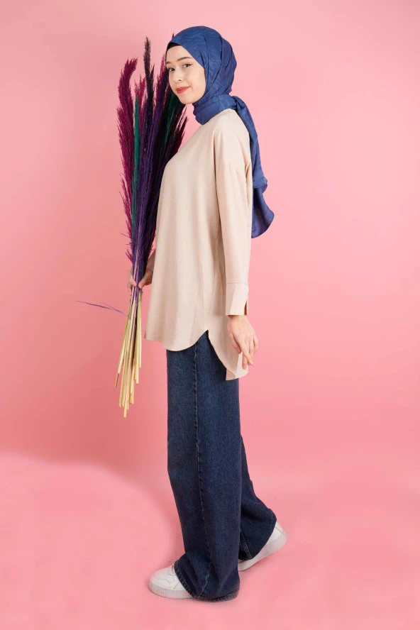 Kadın Bisiklet Yaka Tunik Basic Kol Yırtmaç Detaylı Aerobin Tunik Bej - 2