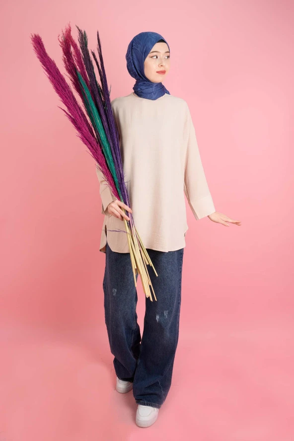 Kadın Bisiklet Yaka Tunik Basic Kol Yırtmaç Detaylı Aerobin Tunik Bej - 4