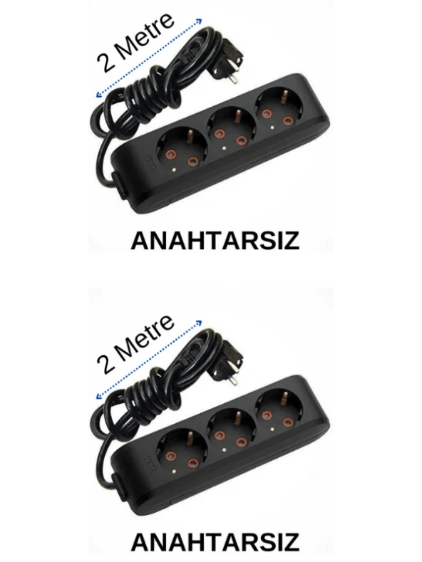 Viko (3'Lü) Üçlü Priz Topraklı Kablolu Siyah 2 (İki) Metre (2 Adet)