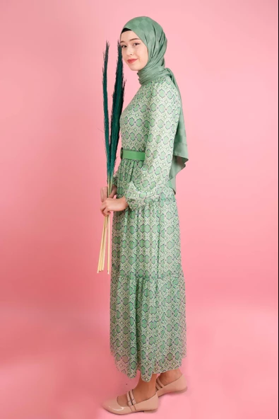 Yeni Koleksiyon Astarlı Şifon Sarmal - Kalp Desen Yeşil - 2