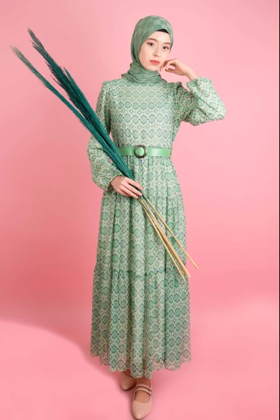 Yeni Koleksiyon Astarlı Şifon Sarmal - Kalp Desen Yeşil