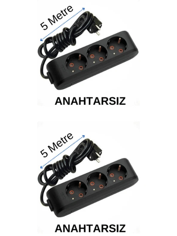 Viko (3'Lü) Üçlü Priz Topraklı Kablolu Siyah 5 (Beş) Metre (2 Adet)