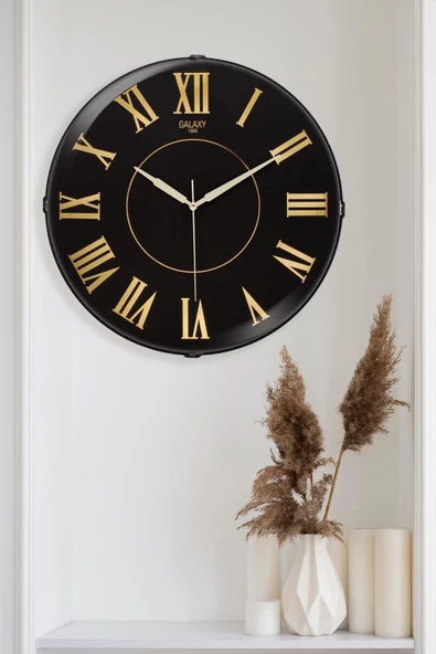 YALDIZLI ROMA RAKAM SİYAH ZEMİNLİ DUVAR SAATİ 35 CM