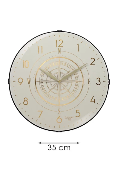 YALDIZLI KREM ZEMİNLİ PUSULA BASKILI DUVAR SAATİ 35 CM - 3