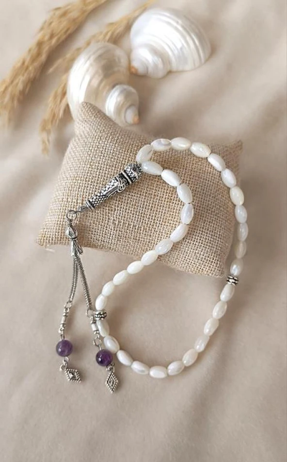 Tesbih 33 lük Sedef Ametist Püskül Arpa Kesim Tespih