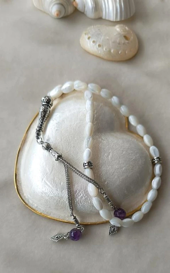 Tesbih 33 lük Sedef Ametist Püskül Arpa Kesim Tespih - 3