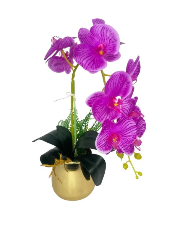 Nettenevime Yapay Çiçek Fuşya Islak Orkide Gold Metal Saksıda Seramik Saksıda Orkide 60cm - Resim 2