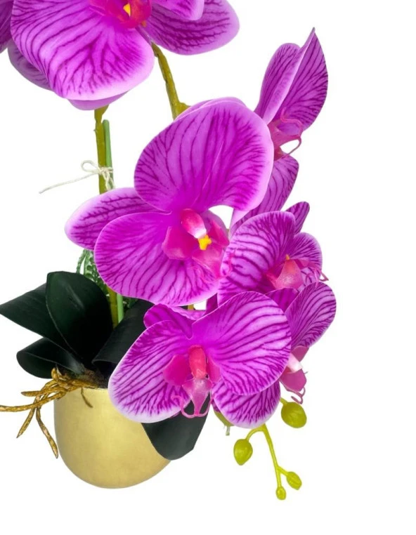 Nettenevime Yapay Çiçek Fuşya Islak Orkide Gold Metal Saksıda Seramik Saksıda Orkide 60cm - Resim 6