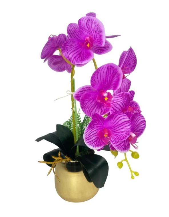 Nettenevime Yapay Çiçek Fuşya Islak Orkide Gold Metal Saksıda Seramik Saksıda Orkide 60cm - Resim 7