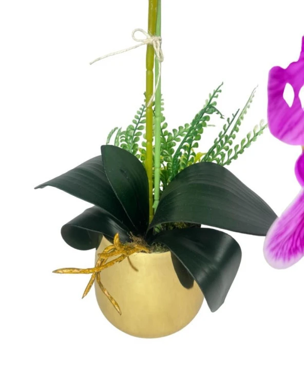 Nettenevime Yapay Çiçek Fuşya Islak Orkide Gold Metal Saksıda Seramik Saksıda Orkide 60cm - Resim 8
