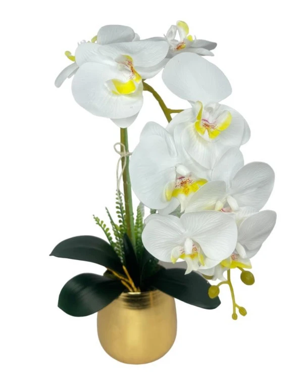 Yapay Çiçek Beyaz Islak Orkide Gold Metal Saksıda Seramik Saksıda Orkide 60cm