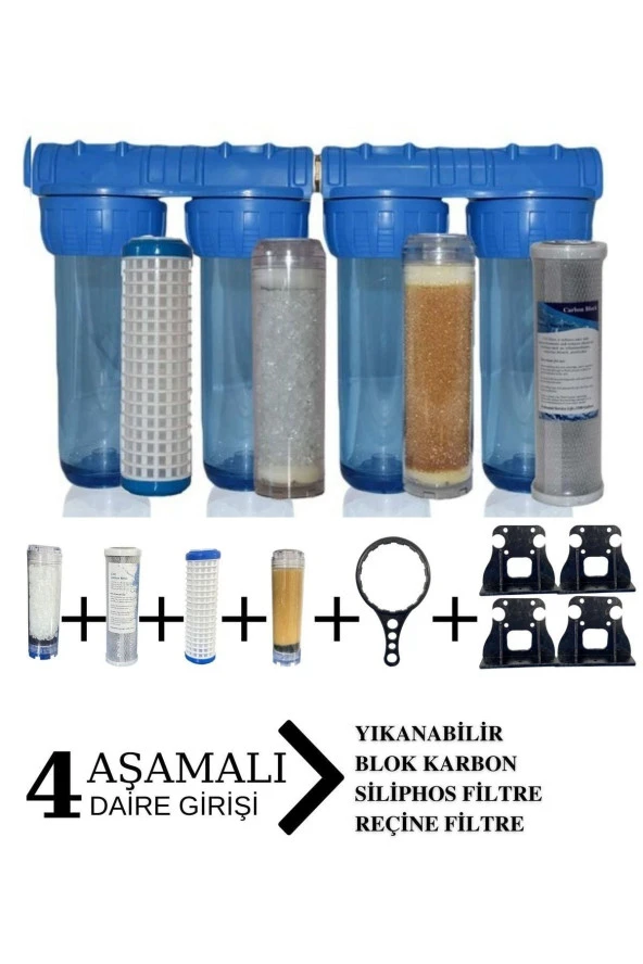 Daire Bina Sayaç Girişi 4 Aşama Arıtma Seti 10" Ağır Kireç Önleyici Yumuşatma Sistemi