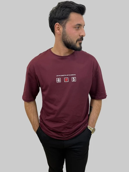 Erkek Lost Oversize Bisiklet Yaka Bordo Tişört - 3