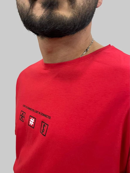 Erkek Lost Oversize Bisiklet Yaka Kırmızı Tişört - 6