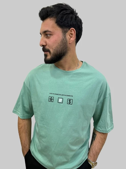 Erkek Lost Oversize Bisiklet Yaka Mint Yeşili Tişört - 5