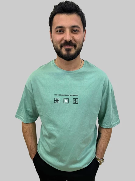 Erkek Lost Oversize Bisiklet Yaka Mint Yeşili Tişört - 3