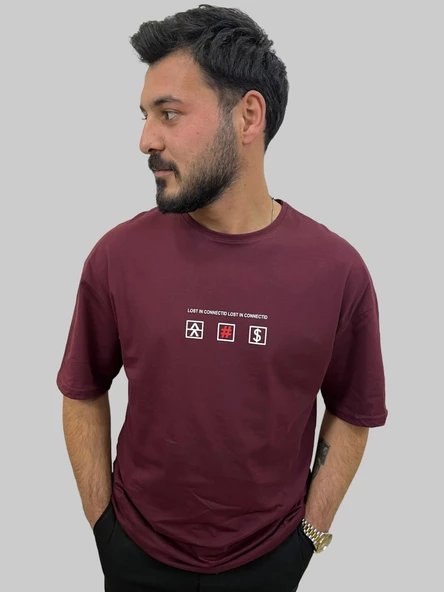 Erkek Lost Oversize Bisiklet Yaka Bordo Tişört - 4