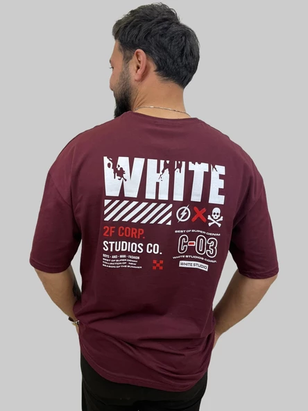 Erkek Lost Oversize Bisiklet Yaka Bordo Tişört - 7
